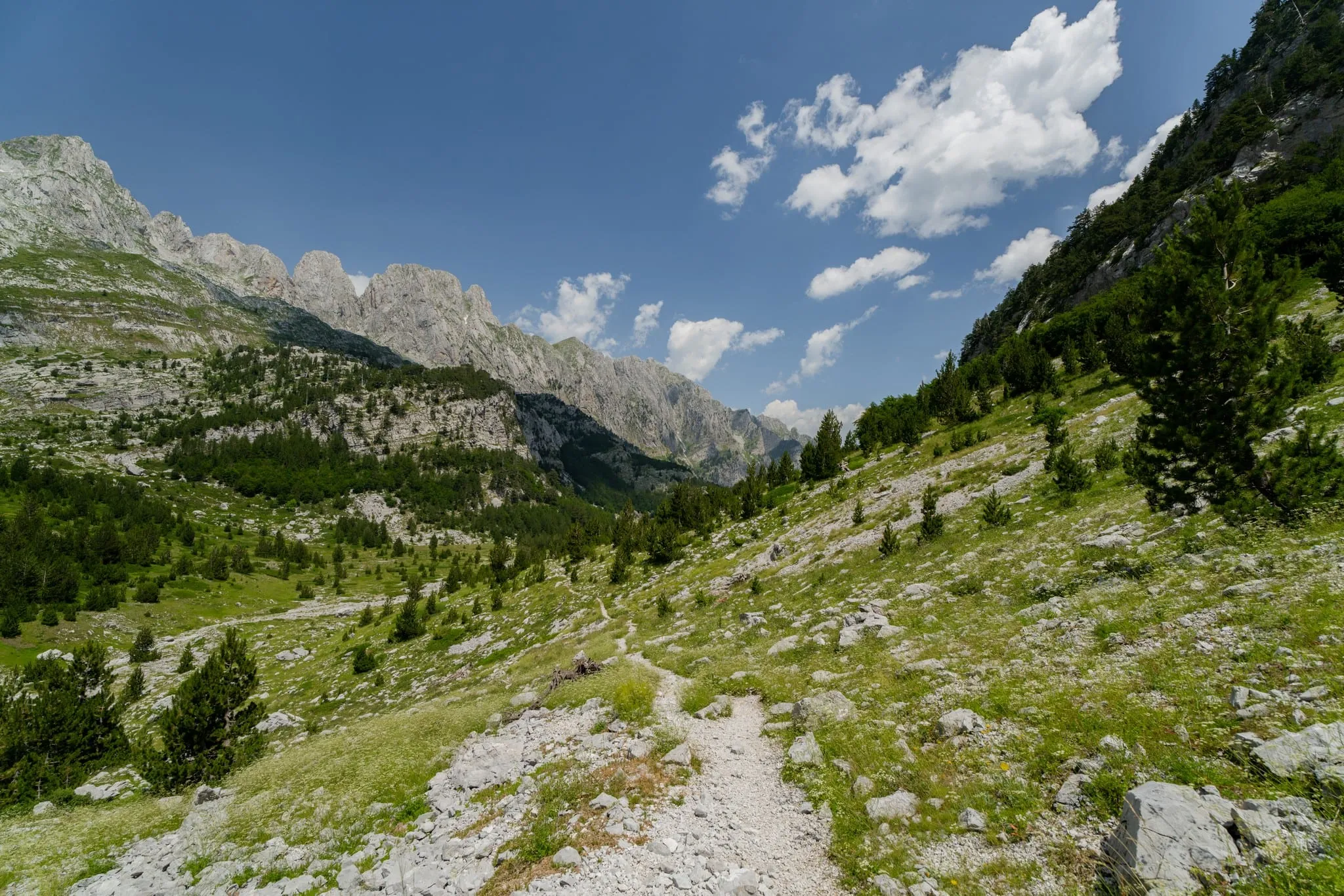 Ein steiniger Wanderweg durch ein grünes Bergtal mit felsigen Gipfeln unter blauem Himmel